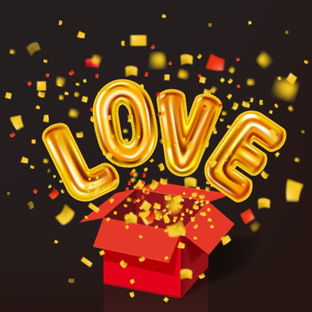 Open red gift box, Love gold helium metallic glossy balloons realistic, burst foil confetti. Background design happy Valentines Day, party, decoration, greeting card. Vector banner flyer isolatedのイラスト素材