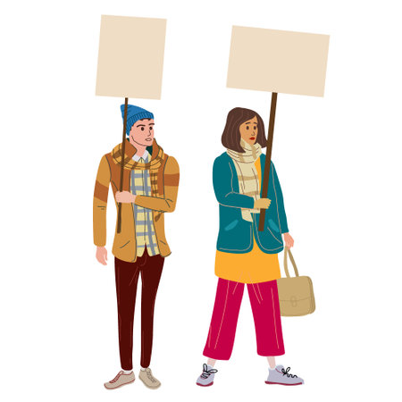 Couple Protesters man and woman holding empty banners. Activists protesting, political meeting, strike human rights. Vector illustration isolatedのイラスト素材