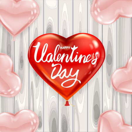 Happy Valentines Day red heart shape glossy balloon realistic, lettering, background wood table pink heart ballons, greeting card. Vector banner poster flyer isolatedのイラスト素材