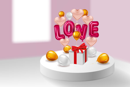Love red helium metallic glossy balloons realistic text, box gift, interior, flying pink golden balloonsのイラスト素材