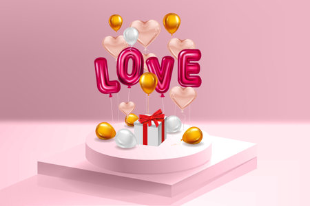 Interior pedestal Love red helium metallic glossy balloons realistic text, box gift, heart shape flying pink balloons, party, decoration, greeting card. Vector banner flyer isolatedのイラスト素材