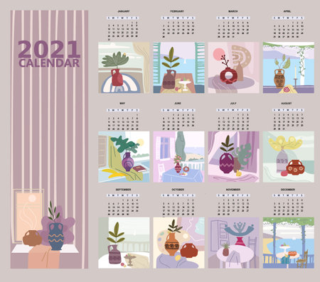 2021 Calendar grid monthly Still life abstract contemporary minimalism. Collection Vase flora interior abstract elements shapes. Modern poster, banner, cover, social media content. Vector isolatedのイラスト素材