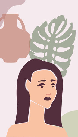 Woman portrait minimal abstract contemporary style. Female face flora leaves shapes vase silhouette background trendy modern art concept. Poster vector template social media stories, print coverのイラスト素材