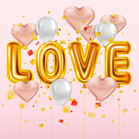 Happy Valentines Day, Love gold helium metallic glossy balloons realistic text, heart shape flying pink balloons, party, decoration, greeting card. Vector banner flyer isolatedのイラスト素材
