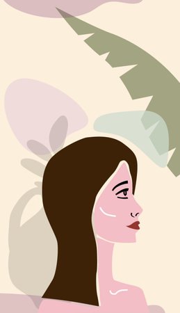 Woman portraite minimal abstract contemporary style. Female face flora leaves shapes vase silhouette background trendy modern art concept. Poster vector template social media stories, print coverのイラスト素材