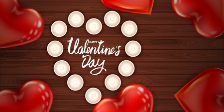Happy Valentines Day red heart shape glossy balloon realistic, lettering, background wood table red heart ballons, candles top view, greeting card. Vector banner poster flyer isolatedのイラスト素材