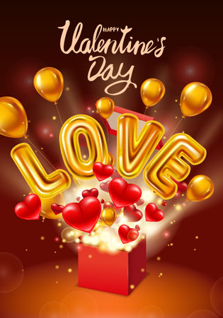 Happy Valentines day gift box open, Love gold helium metallic glossy balloons realistic, present with flying heartsの写真素材