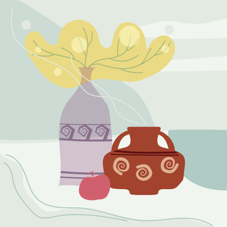 Still life abstract contemorary minimalism. Vase flora intreior abstract elements shapes. Modern poster, banner, cover, social media content. Vector isolatedのイラスト素材