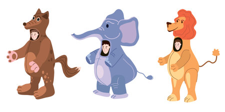 Set Actors in animal Wolf, Elephant, Lion costume. Theme party, Birthday kid, children animator, entertainer wearing performer character for holiday masquerade, carnival. Vectorのイラスト素材