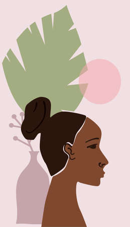 Woman black portraite minimal abstract contemporary style. Female face flora leaves shapes vase silhouetteのイラスト素材