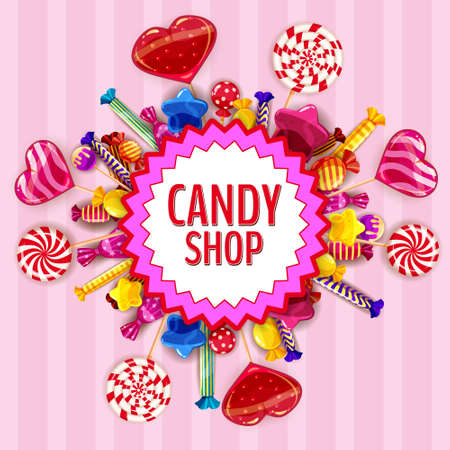 Candy Shop template set of different colors of candy, lollipops, sweets, chocolate candy, jelly beans various shape and colors. Background, poster, banner, vector, isolated, cartoon styleのイラスト素材