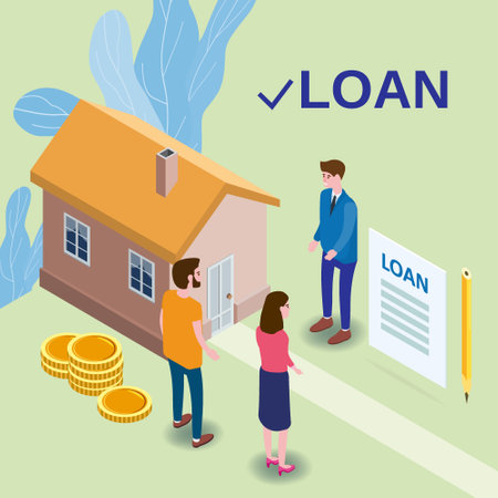 House Loan Concept, characters couple buying estate invest money, rieltor agent estate offer mortgage money credit. Isometric vector flat illustraion bannerのイラスト素材