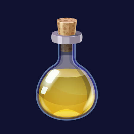 Bottle with liquid yellow potion magic elixir game icon GUI. Vector illstration for app games user interface isolated cartoon styleのイラスト素材