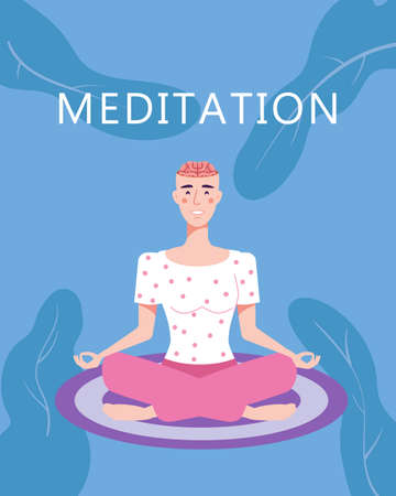 Woman meditation in yoga pose. Open brain, relax mental calm mind, releasing stress. Yoga girl illustration vector trendy style. Healthy lifestyle conceptのイラスト素材