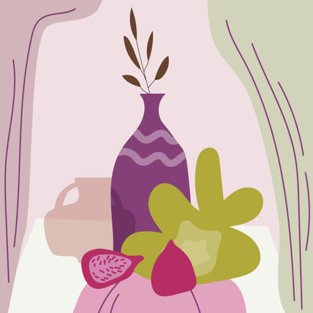 Still life abstract contemorary minimalism. Vase flora intreior abstract elements shapes. Modern poster, banner, cover, social media content. Vector isolatedのイラスト素材