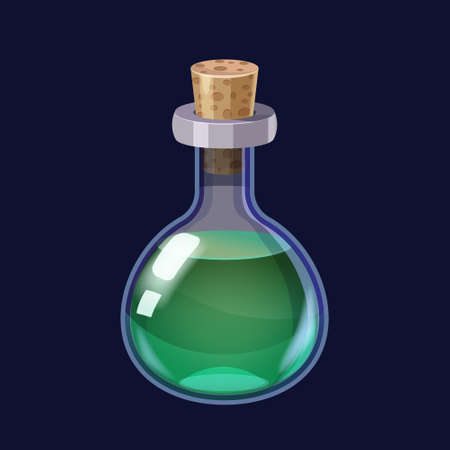 Bottle with liquid green potion magic elixir game icon GUI. Vector illstration for app games user interface isolated cartoon styleのイラスト素材
