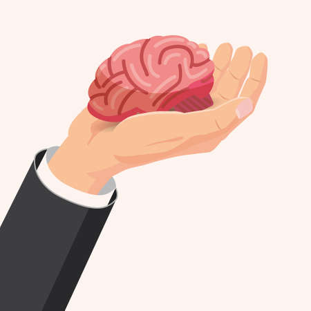 Hand holding brain carefully symbolic of mental health. Concept Psychology and psychotherapy. Vector isolatedのイラスト素材