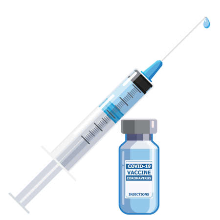 Covid-19 coronavirus vaccine concept banner. Syringe injection tool for immunization treatment and vaccine bottle. Treatment, provention or fight against for coronavirus covid-19のイラスト素材