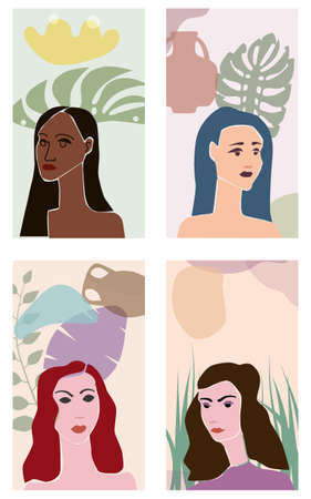 Various Woman portraites minimal abstract contemporary style. Female faces flora leaves shapes vase silhouetteのイラスト素材