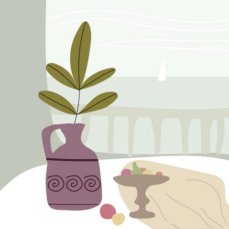 Still life abstract contemorary minimalism. Vase flora intreior table landscape, abstract elements shapes. Modern poster, banner, cover, social media content. Vector isolatedのイラスト素材