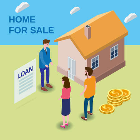 House Loan Concept, characters couple buying estate invest money, rieltor agent estate offer mortgage money credit. Isometric vector flat illustraion bannerのイラスト素材