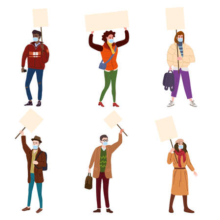 Set of Protesters crowd man and woman in medical masks from virus COVID, holding empty banners. Activists protesting, during a pandemic quarantine coronavirus, political meeting, strike human rights. Vectorのイラスト素材