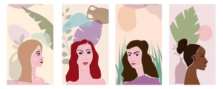 Collection Woman portraites minimal abstract contemporary style. Female faces flora leaves shapes vase silhouetteのイラスト素材