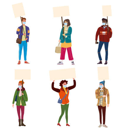 Set of Protesters crowd man and woman in medical masks from virus COVID, holding empty banners. Activists protesting, during a pandemic quarantine coronavirus, political meeting, strike human rights. Vectorのイラスト素材
