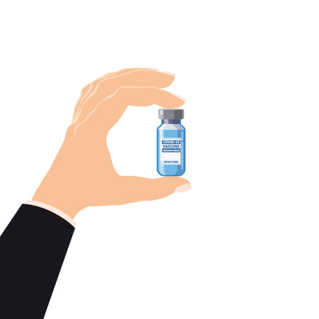 Hand holding bottle Coronavirus vaccine. Treatment, provention or fight against for coronavirus covid-19. Vector illustration isolated poster templateのイラスト素材