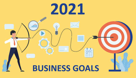 Businessman leader archer aiming shooting at a target 2021 year. Business achievement focus consept successful. Vector illustration isolated banner posterのイラスト素材