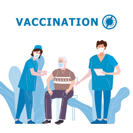 Vaccination for Immunity health doctor and nurse makes injection of coronavirus old man in hospital. Healthcare preventative and immunize. Vector illustration isolatedのイラスト素材