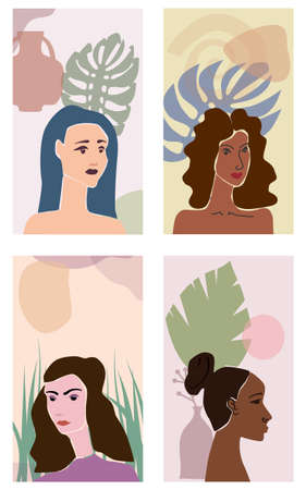 Various Woman portraits minimal abstract contemporary style. Female faces flora leaves shapes vase silhouetteのイラスト素材