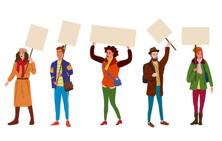 Collection of Protesters crowd man and woman holding empty banners. Activists protesting, political meeting, strike human rights. Vector illustration isolatedのイラスト素材