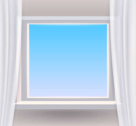 Window, view on blue sky, spring, interior, curtains. Vector illustration template realisticのイラスト素材