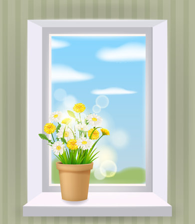 Window in interior, spring, flower pot with flowers daisy and dandelions on windowsill. Vector illustration realisticのイラスト素材