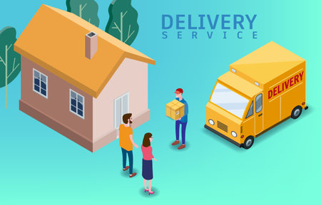 Isometric Express and Delivery. Courier shipping to couple woman and man a cardboard box. Free shipping, product goods 24 hour deliveryのイラスト素材