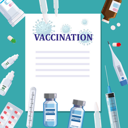 Vaccination poster template concept, text place. White blanc, syringe, tablet, pills, thermometer. Medical treatment, healthcare preventation and immunizeのイラスト素材