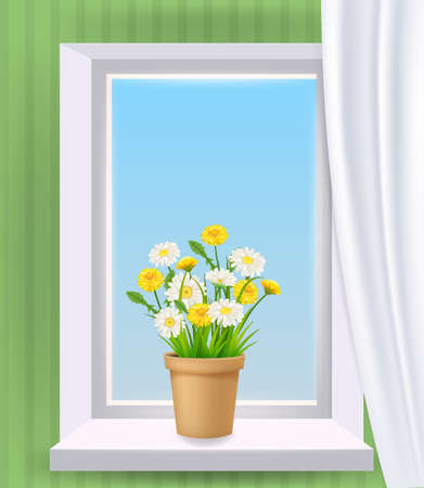 Window view in interior, spring, flower pot with flowers daisy and dandelions on windowsill, curtains. Vector illustration realisticのイラスト素材