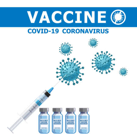 Covid-19 coronavirus vaccine concept banner. Syringe injection tool for immunization treatment and vaccine bottle. Treatment, provention or fight against for coronavirus covid-19のイラスト素材