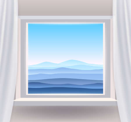 Open window interior home with a minimal landscape view nature. Country mountains landscape from view the window of fields panorama. Vector illustrationのイラスト素材