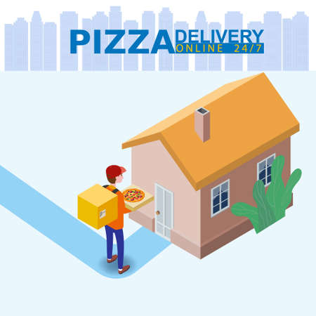 Pizza Delivery Service Isometric concept. Courier with pizza box shipping to home. Fast 24 7 shipping, online food order template banner. Vector illustration 3d isolatedのイラスト素材