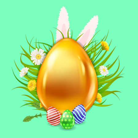 Easter Gold Egg banner template. Golden shine decorated, painted eggs, rabbit ears, colorful spring flowers chamomile, dandelions. Spring holiday posterのイラスト素材