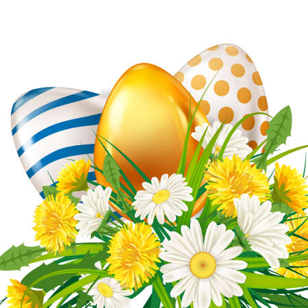 Easter Gold Egg banner template. Golden shine decorated, painted eggs, colorful spring flowers chamomile, dandelions. Spring holiday posterのイラスト素材