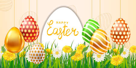 Happy Easter Colored Eggs banner template, lettering. Realistic shine decorated, painted eggs, colorful spring flowers chamomile, dandelions. Spring holiday posterのイラスト素材