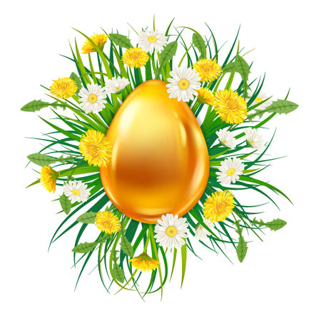 Easter Gold Egg banner template. Golden shine realistic egg colorful spring flowers chamomile, dandelions. Spring holiday posterのイラスト素材