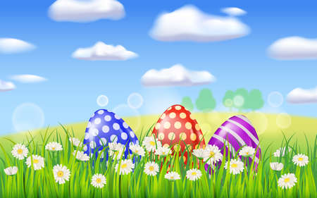Easter Colored Eggs banner template. Realistic shine decorated, painted eggs, colorful spring flowers chamomile, dandelions, blue sky, landscape. Spring holiday posterのイラスト素材