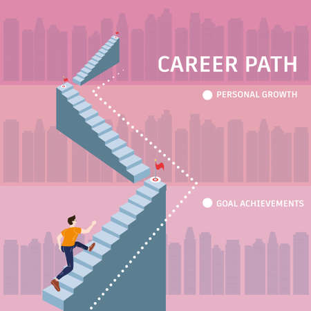 Young man running up stairway to target Career Path. Cuccessful choice employeeman move up path success. Vector illustrationのイラスト素材