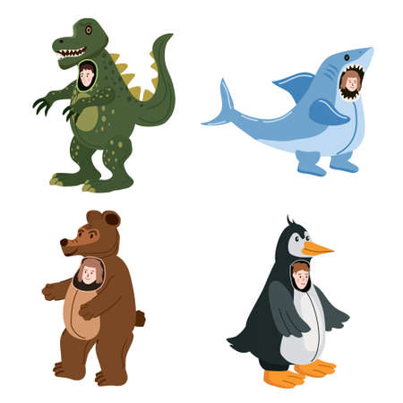 Set Actors in animal Dinosaur, Shark, Bear, Penguin costume. Theme party, Birthday kid, children animator, entertainer wearing performer character for holiday masquerade, carnival. Vectorのイラスト素材