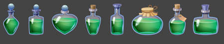 Set of Bottles magic liquid potion fantasy elixir. Game icon GUI for app games user interface. Vector illstration isolated cartoon style on dark backgroundのイラスト素材
