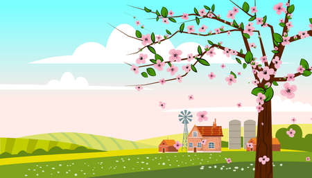 Spring landscape rural countryside, blossom tree, rural nature with farm. Panorama springtime green fields, blue sky. Vector backgroundのイラスト素材